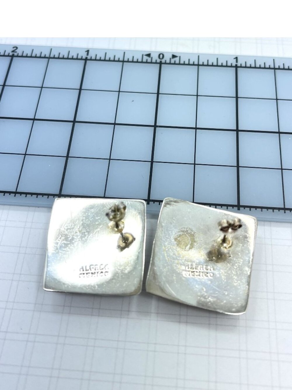 Vintage Alpaca Mexico Ribbed Square Stud Earrings Hollow Geometric - Picture 5 of 5